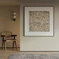 Abstract Textured Painting In Modern Interior With Wooden Chair And Circular Wall Decor