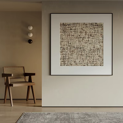 Abstract Textured Painting In Modern Interior With Wooden Chair And Circular Wall Decor 3d model