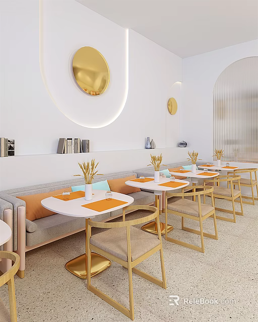 Modern Stylish Café Interior with White Tables Orange Placemats Gold Decor and Sofa Seating 3d model 