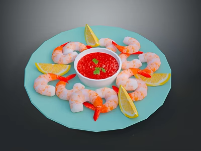 Fresh Shrimp Dish With Lemon Slices And Red Sauce Served On Blue Plate 3d model