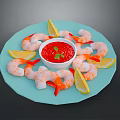 Fresh Shrimp Dish With Lemon Slices And Red Sauce Served On Blue Plate