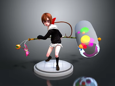 3D Character Model With Long Handle Tool And Colorful Spherical Decorations On White Base 3d model