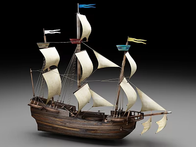 Vintage Wooden Model Sailing Ship With Multiple White Sails And Colorful Flags 3d model
