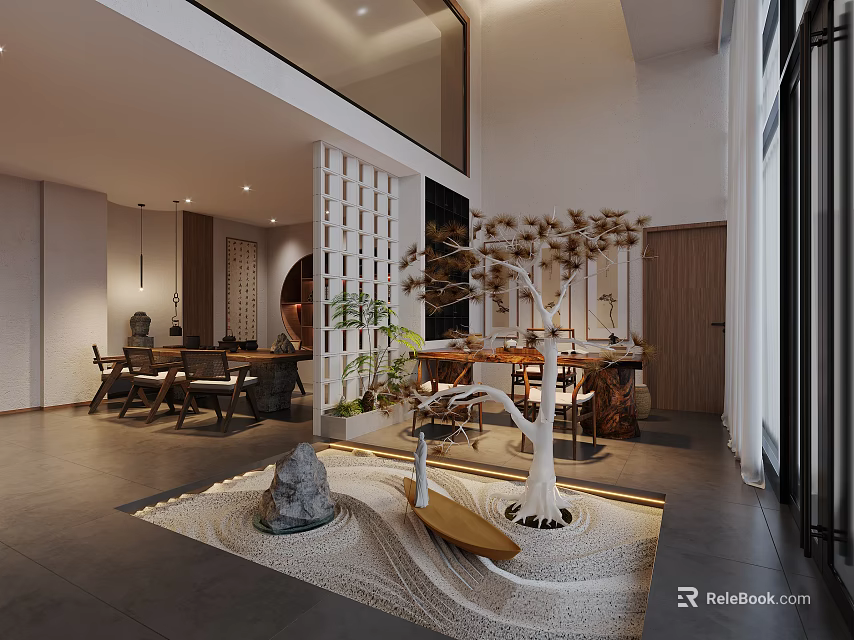 Modern Chinese Zen Teahouse Interior Design with Rock Sandscape Tables Chairs and Plants 3d model 