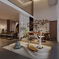 Modern Chinese Zen Teahouse Interior Design with Rock Sandscape Tables Chairs and Plants