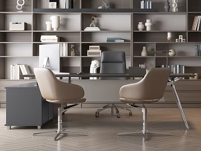 Modern Office Workspace With Stylish Desk Beige Chairs And Neatly Arranged Bookshelves 3d model