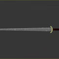 Traditional Decorative Sword With Golden Accents Red Hilt And Engraved Blade On Reflective Surface