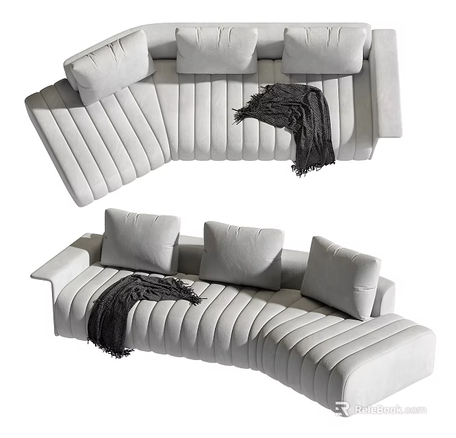 Gray Striped Modern Multi Seater Sofa With Plush Cushions And Throw Blanket 3d model