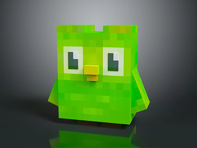 Cute Pixelated Green Bird Character With Big Eyes And Yellow Beak 3d model