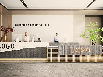 Modern Office Reception Desk With Marble Countertop Golden Grid Logo Plants And Staff 3d model