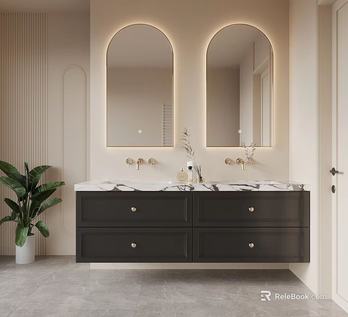 Modern Bathroom Vanity with Black Cabinet Marble Countertop Double Sinks Arched Mirrors and Green Plant 3d model 