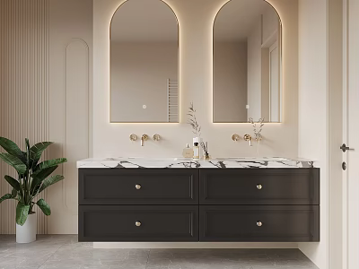 Modern Bathroom Vanity with Black Cabinet Marble Countertop Double Sinks Arched Mirrors and Green Plant 3d model