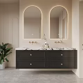 Modern Bathroom Vanity with Black Cabinet Marble Countertop Double Sinks Arched Mirrors and Green Plant
