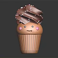 Cute Cupcake With Chocolate Frosting White Sprinkles Smiling Face And Pink Cheeks