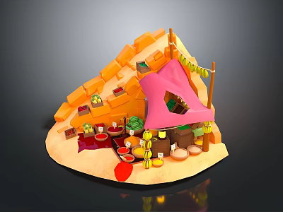 Colorful Street Food Stall with Pink Canopy and Lanterns Fresh Fruits and Bowls of Snacks 3d model