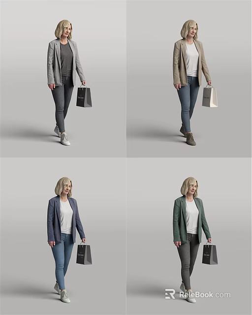 Stylish Woman Walking With Shopping Bag In Different Casual Outfits 3d model
