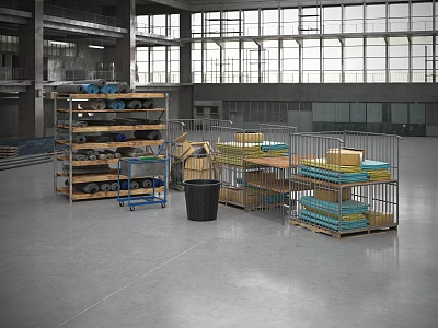 Industrial Equipment In Large Warehouse With Metal Shelves Blue Carts Pallets And Stacked Crates 3d model