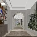 Elegant Shopping Mall Corridor With Arched Doorways Chandeliers And Marble Flooring