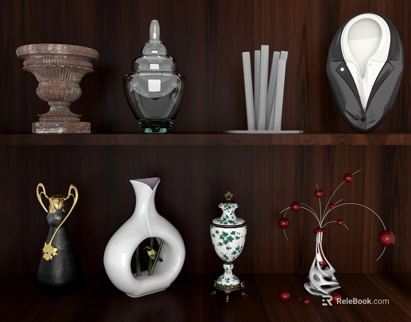 Elegant Ornamental Decor Set On Wooden Shelf With Vases Containers And Decorative Pieces 3d model 