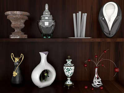 Elegant Ornamental Decor Set On Wooden Shelf With Vases Containers And Decorative Pieces 3d model