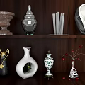 Elegant Ornamental Decor Set On Wooden Shelf With Vases Containers And Decorative Pieces