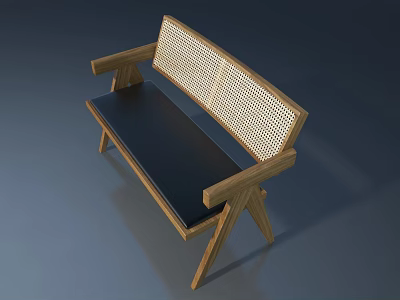 Wooden Bench With Black Cushion Woven Backrest Crossed Wooden Legs And Deep Blue Background 3d model