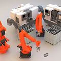 Industrial Equipment With Robotic Arms And Material Blocks In Production Line