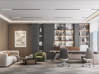Modern Office Interior Design With Sofa Chair Desk Bookshelves Decorative Painting And Windows 3d model