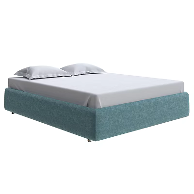 Modern Double Bed With Blue Upholstered Frame White Mattress And Pillows 3d model