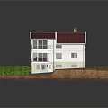 Two Story Detached Villa With Red Roof White Exterior And Green Lawn Driveway