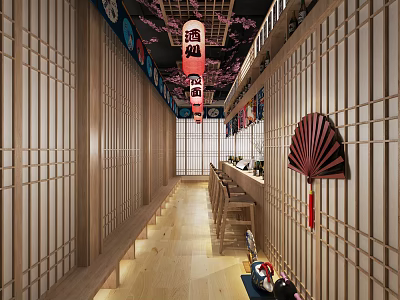 Hotel Corridor With Japanese Style Wooden Lattice Walls Hanging Lanterns And Fan Decorations 3d model