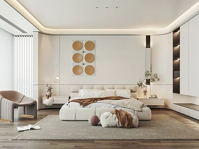 Modern Bedroom Interior With Large Bed Circular Wall Art Accent Chair And White Cabinets 3d model