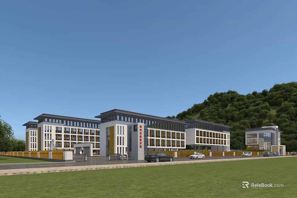 Modern School Building Exterior With Green Lawn Hills Background And Parking Area 3d model 