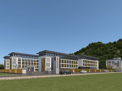 Modern School Building Exterior With Green Lawn Hills Background And Parking Area 3d model