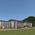 Modern School Building Exterior With Green Lawn Hills Background And Parking Area