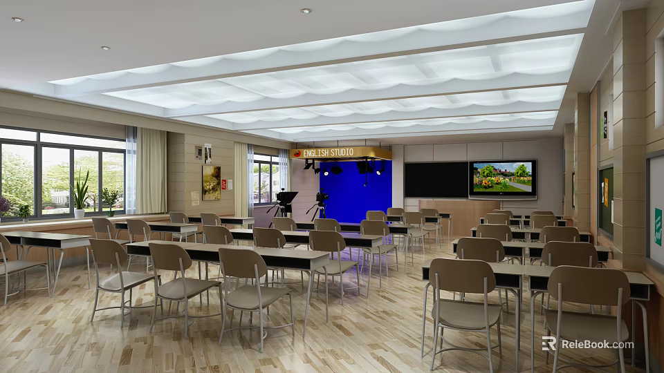School Spacious Classroom with Neat Desks Chairs Windows Blackboard and Screen 3d model 