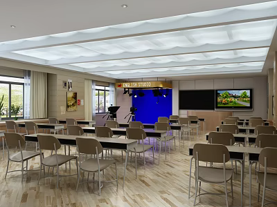 School Spacious Classroom with Neat Desks Chairs Windows Blackboard and Screen 3d model