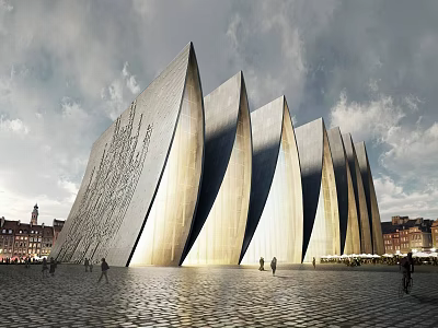 Modern Metallic Leaf Shaped Museum Building with Textured Facade in Urban Square 3d model