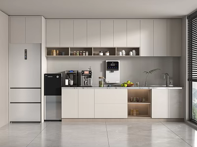 Modern Pantry Interior Design With White Cabinets Silver Refrigerator Coffee Machine And Countertop 3d model