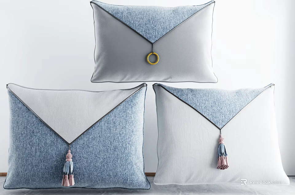 Modern Denim And Gray Decorative Pillows With Tassels And Ring Accents 3d model 