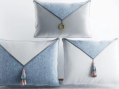 Modern Denim And Gray Decorative Pillows With Tassels And Ring Accents 3d model