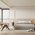 Modern Bedroom Interior With Beige Bed Wooden Headboard White Chair And Open Wardrobe