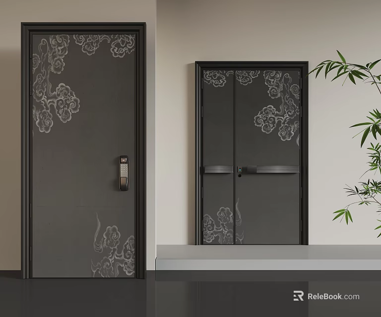 Dark Colored Security Doors With Floral Patterns And Modern Home Interior Design 3d model