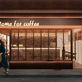 Cozy Coffee Shop Storefront With Warm Lighting Glass Windows And Come For Coffee Sign