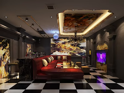 Luxurious KTV Interior Design With Red Sofa Chandelier Mural TV And Checkerboard Floor 3d model