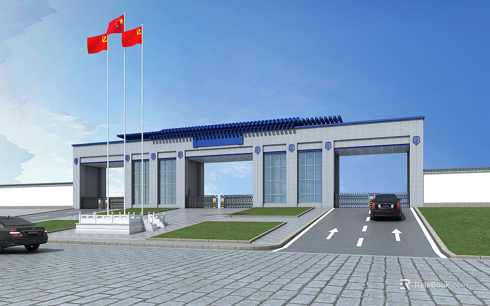 Traditional Chinese Main Entrance Gate With Red Flags Blue Roof Lawn And Car On Road 3d model 