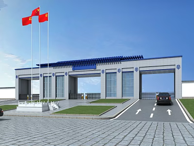 Traditional Chinese Main Entrance Gate With Red Flags Blue Roof Lawn And Car On Road 3d model