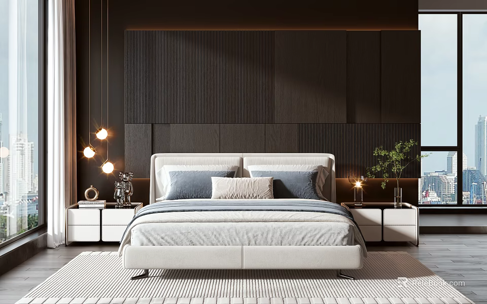 Modern Bedroom Dark Wooden Wall White Double Bed Gray Beige Pillows Nightstands Pendant Lights 3d model 