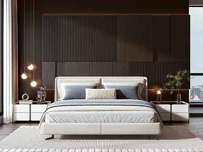 Modern Bedroom Dark Wooden Wall White Double Bed Gray Beige Pillows Nightstands Pendant Lights 3d model