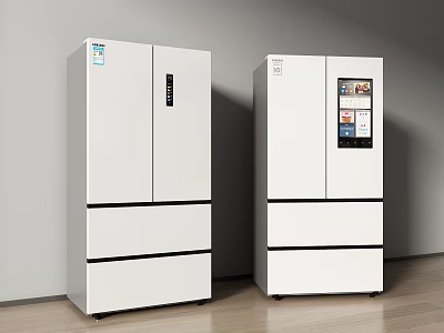 Two Modern White Multi door Refrigerators With Smart Display In Kitchen 3d model